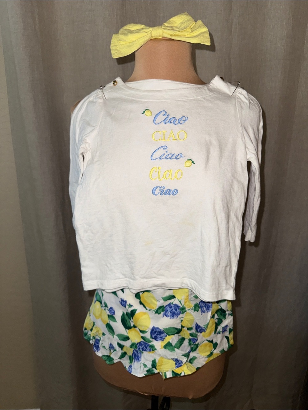 Janie & Jack 3/4-Sleeve Tee with Yellow/Blue 'Ciao' Embroidery and Floral Skort
